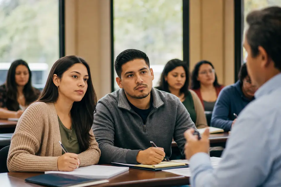 Pareja joven toma notas en una clase para compradores de primera vivienda